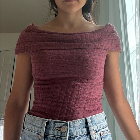 Express One Eleven Sleeveless Cowl Off-Shoulder Sweater Top - Deep Burgundy - Picture 2 of 3